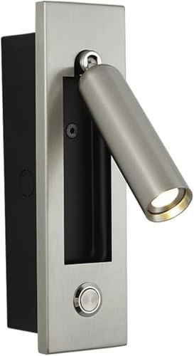 Lámpara de lectura de pared empotrada, lámpara de noche empotrada, interruptor de cable, foco ajustable a 350° + 90°, iluminación decorativa para dormitorio, hotel (níquel-3000K)