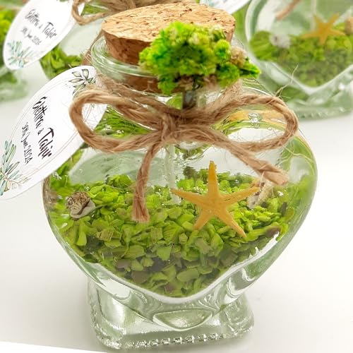 Set di 30 candele in vetro a forma di cuore, con adesivo personalizzato per invitati in bomboniere nuziali, baby shower, candele in gel per bomboniere nuziali (gel bianco sabbia verde, set da 30)
