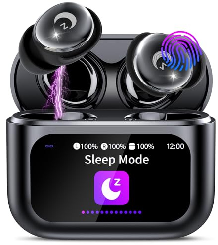 VEKJ Auriculares Inalámbricos con Pantalla Táctil LED, 2025 Auriculares Bluetooth 5.4 HiFi Estéreo, 48H Mini Auriculare para Dormir con Cancelación de Ruido, IP7 Impermeable Cascos Inalambricos Negro