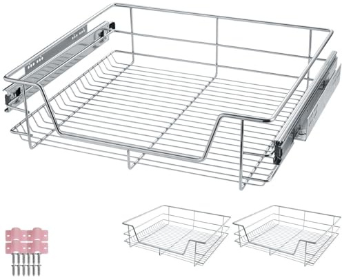tectake® Set of 2 Pull-Out Drawer Baskets with Telescopic Rails, Wire Storage Baskets in Chrome-Plated Steel, Easy Assembly, Ideal Cupboard Organiser for Kitchen, Bedroom, Bathroom, Pantry - W60 cm