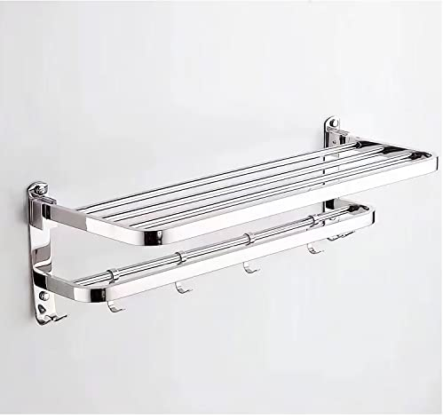 XIAJIA Doble Barra de Toalla,Estante de Almacenamiento Plegable montado en la Pared con 4 Ganchos,40cm x 24cm x 19.5cm,Sus 304 Acero Inoxidable,90 Grados de rotación,Impermeable Completo (Plata)
