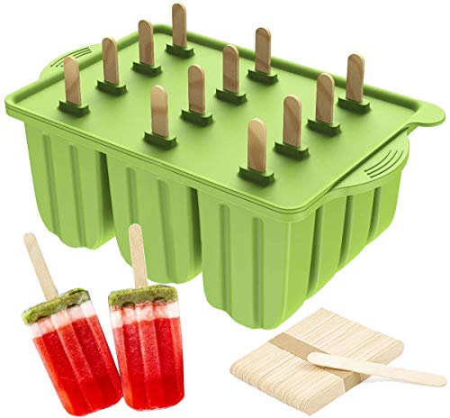 Hopeas Stampi per Ghiaccioli in Silicone Stampo per Gelato 12 cavità con Coperchio, DIY Stampi Riutilizzabili di Gelati, Sorbetti,con 50 Bastoncini di Legno (Verde)