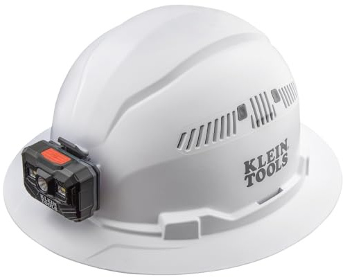 Klein Tools 60407RL Hard Hat, Rechargeable Headlamp, Vented, Full Brim Style, Padded Self-Wicking Odor-Resistant Sweatband, White