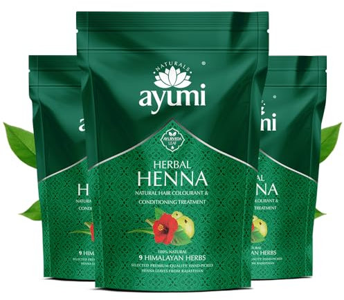 Ayumi Herbal Henna Powder with 9 Himalayan Herbs | Bhringraj Powder | Hibiscus | Brahmi | Nourishing Natural Hair Dye, Dandruff Control|Reducing Itchiness Henna Hair Dye for Men & Women| 3x150g