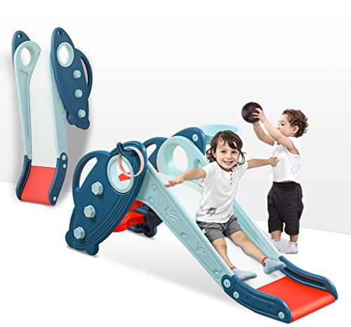 Onasti Kids Slide for Toddlers Age 1-3 Indoor Baby Plastic Slide Outdoor Climber Freestanding Playset with Basketball Hoop & Ring Game Blue