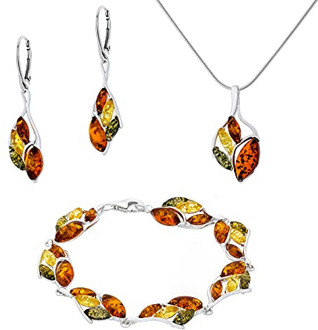 AMBEDORA Set da donna Grande Sabina in argento 925, ambra baltica colorata, ciondolo con catena a serpente, orecchini, bracciale