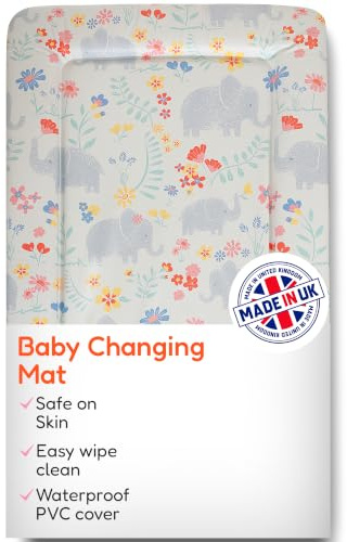 Babycurls Baby Changing Mat with Raised Foam Edges - Wipe Clean Waterproof PVC Nappy Changing Mat - Hypoallergenic Foam - UK Made Nursery Essential, Pink Floral Elephants, 76 x 45 cm Baby Pad