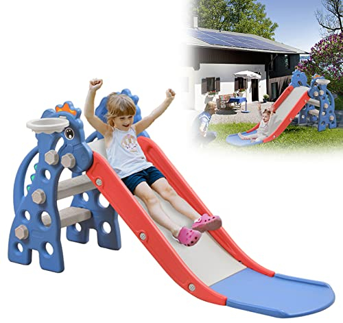 HENGMEI Kinder Freistehende Rutsche 3 in 1 Klettergerüst, Kinderrutsche Basketballkorb Kinder Rutsche for Indoor und Outdoor ab 1 Jahr, Gartenrutsche Spielzeugrutsche, Blau(135x55x67cm)