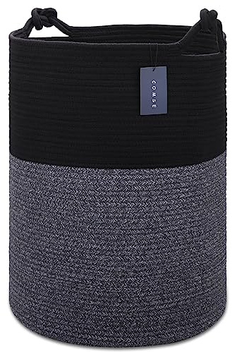 COMSE Corbeille à linge extra-grande, panier de rangement, grands paniers à linge, 40 x 55 cm, panier en corde de coton, rangement de couverture pour salon, Noir