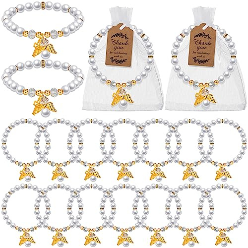 Wavyknot Juego de 90 recuerdos de bautizo que incluye 30 pulseras elásticas de cristal, 30 etiquetas y 30 bolsas de organza, recuerdos de primera comunión para invitados, suministros de bautizo para
