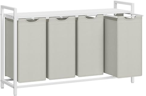 VASAGLE Laundry Basket, 4-Compartment Laundry Hamper, Pull-Out and Removable Liner Bags, Clothes Sorter, Shelf, Metal Frame, 4 x 40 L, 116 x 33 x 72 cm, Cream White and Matte White BLH401W01