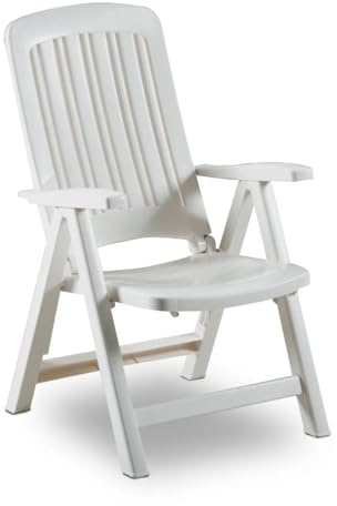 Tomaino Chaise longue de jardin pliante en plastique – Fauteuil d'extérieur relaxant, maison, camping inclinable – 5 positions avec accoudoirs (blanc)
