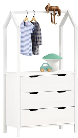 IDIMEX Kinderzimmer Kommode Amira mit Kleiderstange in Hausform - weiß, 3 Schubladen, integrierte Kleiderstange, Stauraum für Kleidung, Spielzeug, Bücher, Kiefernholz