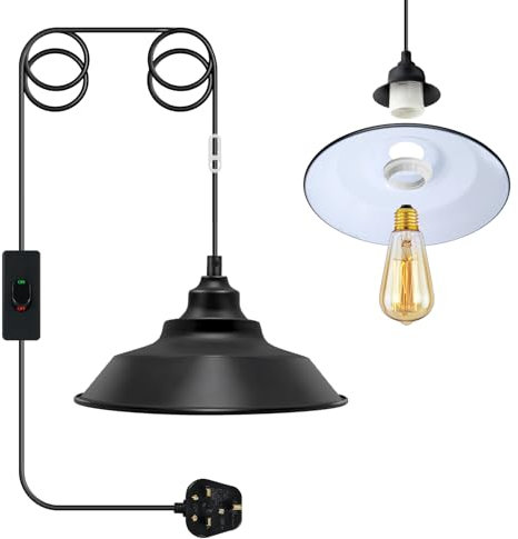 Plug in Pendant Light Cord Kit, 4.5M Cable E27 Lamp Holder with Black Metal Lampshade, Plug in Ceiling Light, Vintage Industrial Hanging Light, Pendant Lighting Fitting, Rural Style, No Bulb