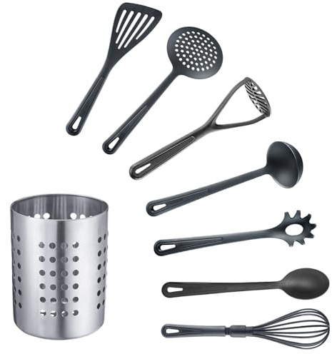 Westmark Gentle Set d'Ustensiles de Cuisine, 8 Pièces - Panier à Couverts avec Spatule, Écumoire, Presse-Purée, Louche, Cuillère à Spaghetti, Cuillère à Légumes, Fouet - Acier Inoxydable