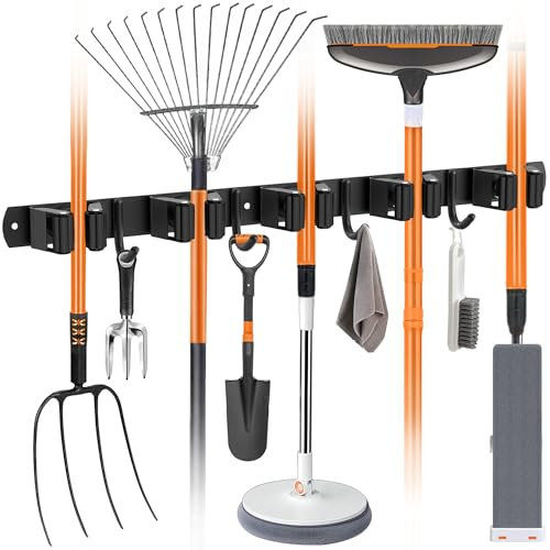 OMerima Accroche Balai Mural, Porte Balais Mural en Acier Inoxydable - 5 Supports + 4 Crochets, Support Balais Mural Sans Percer Noir, Utilisable en Cuisine, Salle de Bain, Jardin, Garage (1 Pièces)