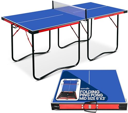 SereneLife Midsize Foldable Ping Pong Table Set with Net, Clipper, Post - 6' x 3' Portable Space-Saving Design, Blue