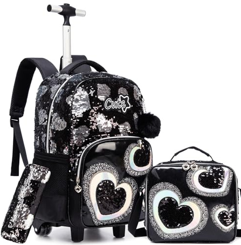 ZBAOGTW Girls Rolling Backpack Kids Trolley School Bag with Wheels Rolling Backpack for Kids 8-12 Roller Backpacks for Girls Cute Schoolbag with Lunch Bag Set for Elementary