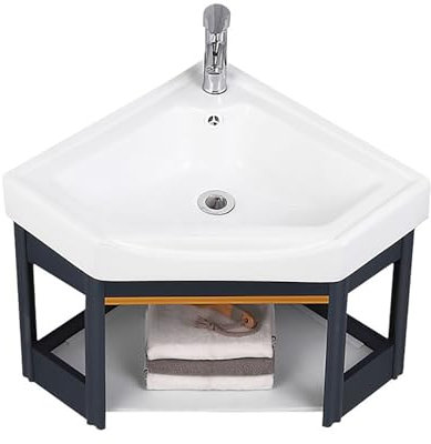 Petit Lavabo D'angle Mural avec Étagère de Rangement, Lavabo de Salle de Bain en Céramique avec Support et Kit de Vidange, pour Cuisine, Terrasse, Buanderie(38x38x45cm)