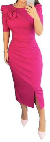 CHICME Women's Bodycon Midi Dress Ruched Puff Sleeve Bodycon Midi Dress Cocktail Party Work Dress Hot Pink Dress for Women-L