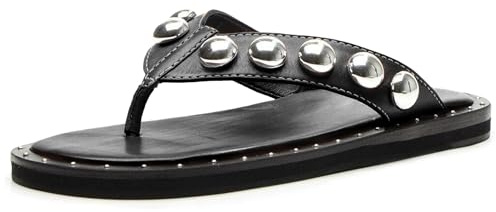 Riekhany Studded Thong Sandals for Women Round Clip Toe Slip On Flip Flops Slides Comfortable Contrast Tacked Slipper Shoes Black