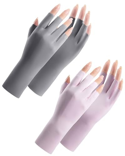 CULEB 2 Paires Gant Anti UV Manucure,UPF50+ Professionnel Gant Femme Protection UV,Gants Sans Doigts Respirants Confortables,pour Manucure Lampe UV Ongles Gel,Cyclisme,Fitness(Gris,Violet)