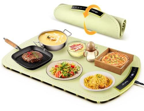 COLDFILL Bandeja de Calentamiento de Silicona, Grande Calentador de Comida 60x40cm, Plegable y Portátil, 8 Niveles y Bloqueo para Niños, Ideal para Buffets, Familia, Fiesta, Verde