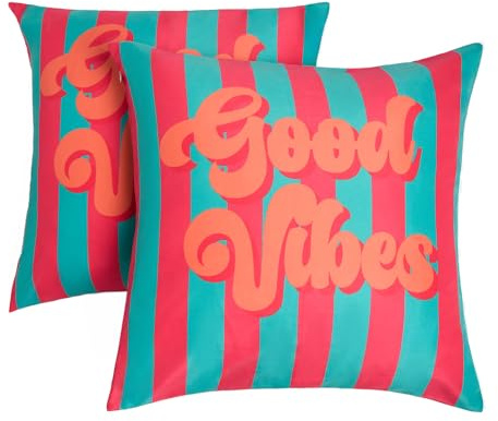 OHS Outdoor Cushion Covers Pack of 2 Good Vibes Print Decorative Throw Pillow Covers Super Soft Water Resistant Patio Garden Cushions Home Decor Sofa Outdoor Cushions, Green/Pink - 45 x 45cm