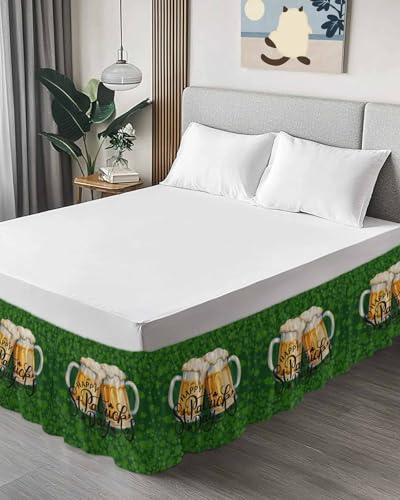 St Patrick's Day Bed Skirt Cal King Size 18 Inch Drop, Adjustable & Elastic Wrap Around Bed Skirts Dust Ruffles for Twin Full Queen Cal King Base Bed, Vintage Shamrocks Golden Beer Green Leaf