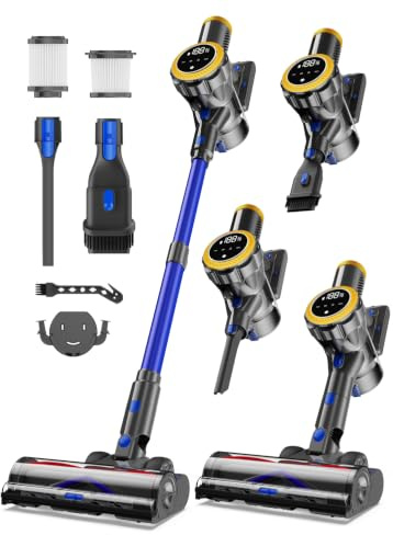 Ginaray Doré Aspirateur Balai sans Fil 580W, Poils D’Animaux & Tous Sols | Aspirateur Sans Sac Puissant ,Puissance Ajustable,Brosse Avec Éclairage LED,Cordless Vacuum Cleaner, Batterie Rechargeable