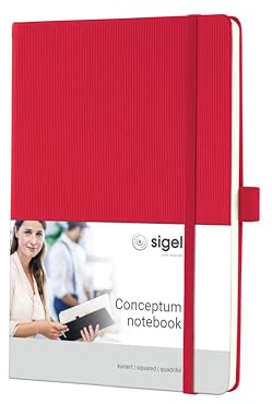Sigel CO654 Notizbuch A5 kariert rot, Hardcover, 194 nummerierte Seiten, nachhaltiges Papier, mit Inhaltsverzeichnis, Stiftschlaufe, Falttasche, Gummibandverschluss, Conceptum