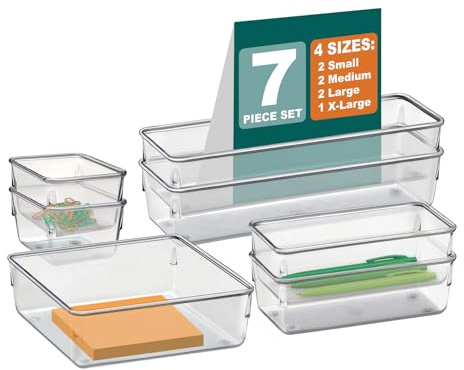 Acrimet Drawer Organizer Modular, Box Tray Storage Bins for Office, Home, Makeup, Kitchen, Junk Drawer (7 Units - 4 Sizes) (Clear Crystal Plastic)