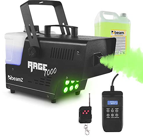 beamz RAGE1000LED Smoke Machine and Disco Lights with RGB LED Effects, Wireless Remote & 5L Smoke Fluid - Halloween Party Fogger Machine for DJs & Events
