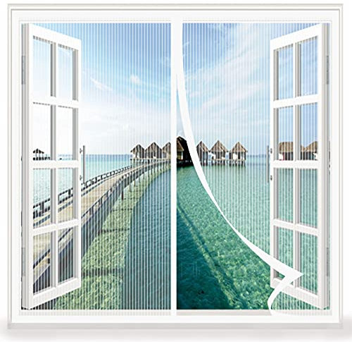 Fliegengitter Fenster 120x140cm Magnet Thermo Fliegengitter Tür Automatisches Schließen Magnetverschluss faltbar für Flure/Windows/Wohnzimmer Fenstern, Weiß