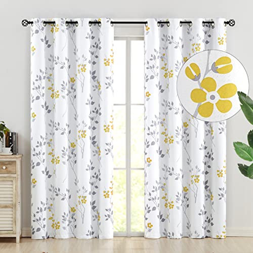 Beauoop Gelb Blickdicht Vorhänge Blätter Blumen Muster Vintage Vorhänge mit Ösen Botanisch Themovorhang Verdunkelungsvorhänge für Bauernhaus Wohnzimmer Schlafzimmer 2er Set, 132 x 245 cm (HxB)