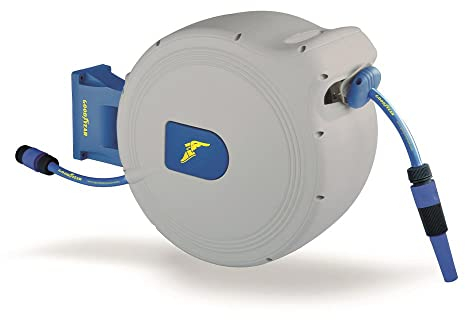 Goodyear - Enrollador de Manguera Automático de 30 m, Montaje en Pared Giratorio a 180°, Presión 8 bar y UV, Conectores rápidos de ½ y ¾, Incluye Manguera Anti-Torsión
