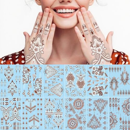 XMASIR Temporary Tattoos Stickers for Women, 12 Sheets White Brown Fake Tattoo kit Waterproof Indian Mandala Wedding Lace Body Art sticker for Hand Arm