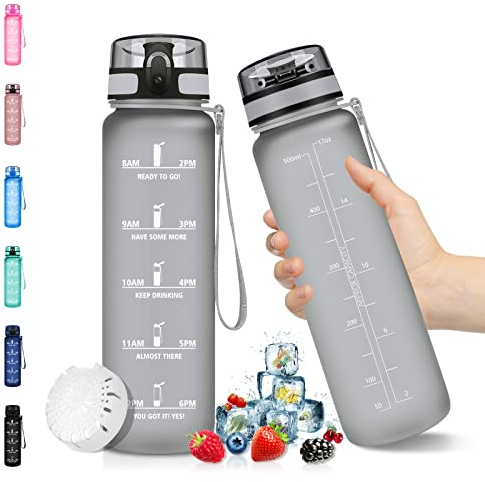 Vikaster Borraccia Motivazionale Sportiva 500ml, Borracce con Marcatori di Tempo, Water Bottle Senza BPA & Prova di Perdite, Bottiglia Acqua Bambini, Scuola, Bici, Palestra, Yoga, Ufficio