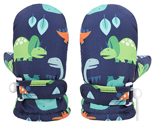 QKURT Winter wasserdichte Kinderhandschuhe, Winddichte Kinderhandschuhe für kaltes Wetter, Dinosaurier-Handschuhe für Jungen und Mädchen im Alter von 1–4 Jahren, M: 1–2 Jahre, L: 2–4 Jahre