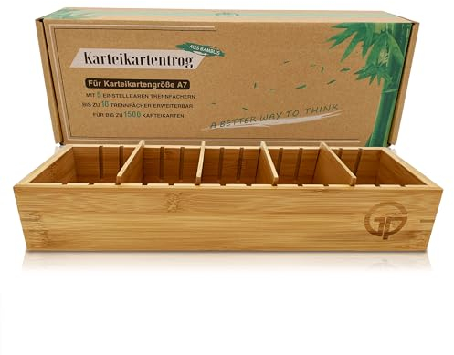 GP Get Productive Karteitrog für 1500 DIN A7 Karteikarten, inkl. 4 einstellbaren Trennbrettern der Holz-Karteitrog quer, Karteikasten Bambus Holz Lernbox glanzbeschichtet in premium Qualität