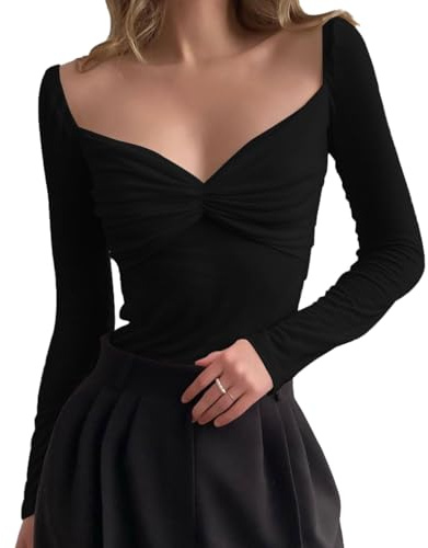 EMOTTOS Top Sexy in Chiffon Tencel, Slim Fit Donne Increspato Maglia Trasparente Manica Lunga, Scollo a V con Camicie Trasparenti per Le Donne, Top Sexy Clubwear Donna (Nero/Bianco, S-L)