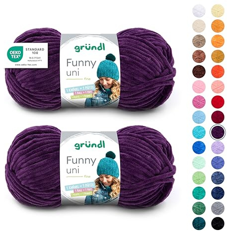 Gründl Wolle Funny uni - dicke weiche Chenille Wolle zum Häkeln - Häkelwolle - Strickwolle - Kuschelig und hautfreundlich - 100% Polyester - 2 Knäuel 100 g / 120 m - Nadelstärke 5-6 - Aubergine