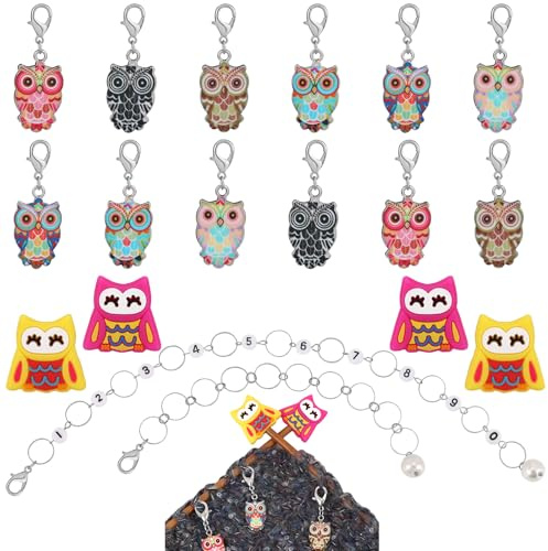 COGCHARGER DIY Knitting Tool Sets 18Pcs Including Owl Alloy Enamel Crochet Stitch Markers Knitting Row Counter Chains Silicone Knitting Needle Stoppers for Knitting Project