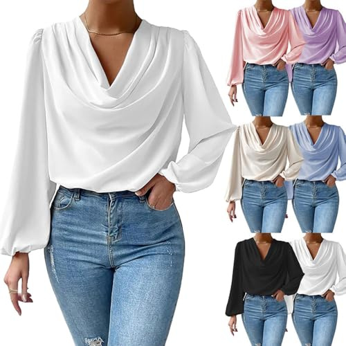 TAITUS Camicia a Maniche Lunghe in Chiffon con Scollo a V, Camicetta da Donna in Chiffon di Seta Drappeggiato,Camicie Eleganti in Chiffon Larghe con Drappeggio e Arricciatura sul Davanti (XL,White)