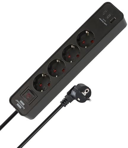 Brennenstuhl Ecolor Regleta de enchufes de 4 vías con 3 Tomas de Carga USB (Regleta con 2X USB C PD 20W y 1x USB A, Interruptor y Cable de 1,5m) Negro