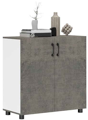 HOMCOM Aparador de 2 Puertas de Cierre Suave Aparador de Salón con Estante Mueble Auxiliar para Cocina Dormitorio Entrada 80x37x80 cm Gris Cemento y Blanco Brillo