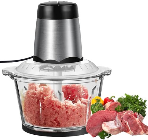 Picadora de carne eléctrica 300W Picadora eléctrica, 2 velocidades ajustables 4 filos cocina verduras picadora, 2L recipiente de vidrio Mini picadora para picar, mezclar/mezclar/triturar alimentos