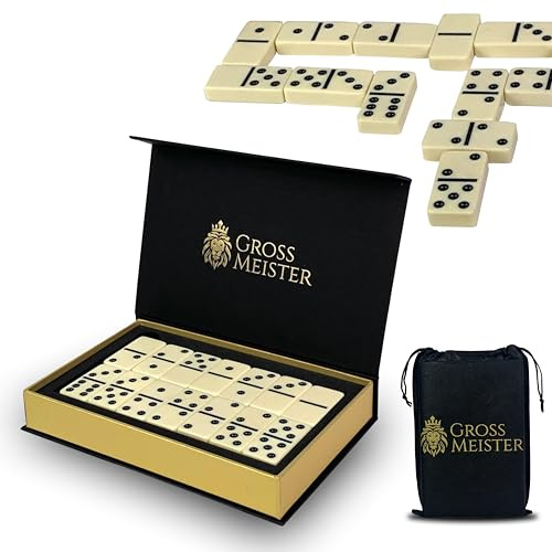 GROSS MEISTER® Premium Domino-spel – 28 unika handgjorda domino-stenar av trä och läder i trälåda – lyxgåva, Domino, klassiska brädspel, leksaker för vuxna
