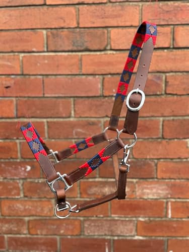 Leather Polo Headcollar, Handmade Embroidered Pattern, Brown with Adjustable Straps, Oil Pull-up Leather (Navy/Red, Cob)