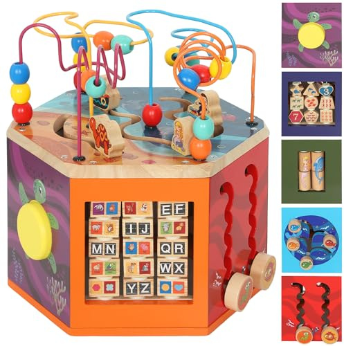 AIYAPLAY Cubo de Actividades de Madera, Juguetes Montessori para Bebés con Laberinto de Cuentas, Clasificador de Patrones, Juguetes Sensoriales de Educación Temprana, Regalo de Cumpleaños para Niños